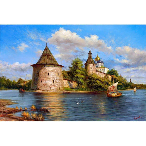 Pskov kremlin Black Modern Wood Framed Art Print with Double Matting by Milyukov, Alexey