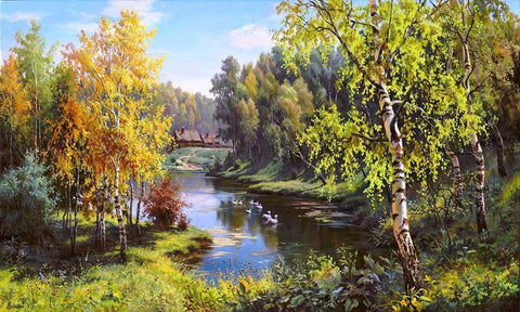 Geese in the village Black Ornate Wood Framed Art Print with Double Matting by Prishchepa, Igor