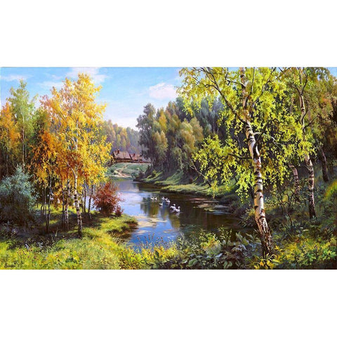 Geese in the village Black Modern Wood Framed Art Print by Prishchepa, Igor