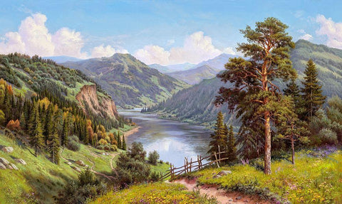 Mountain valley Black Ornate Wood Framed Art Print with Double Matting by Prishchepa, Igor