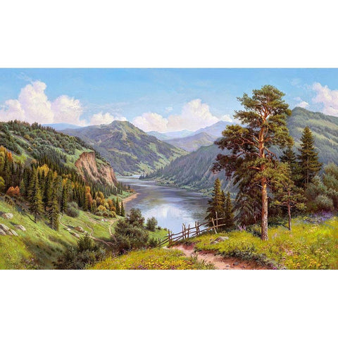 Mountain valley White Modern Wood Framed Art Print by Prishchepa, Igor