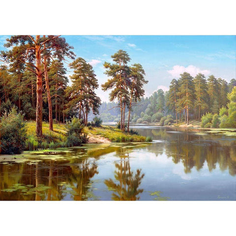 Pines by the water Gold Ornate Wood Framed Art Print with Double Matting by Prishchepa, Igor