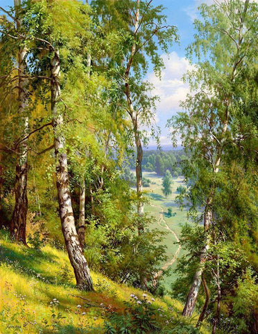 Birch in the forest Black Ornate Wood Framed Art Print with Double Matting by Prishchepa, Igor