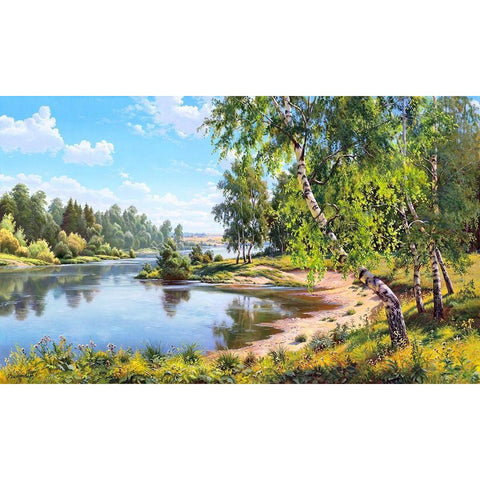 Birches near the river  Black Modern Wood Framed Art Print with Double Matting by Prishchepa, Igor