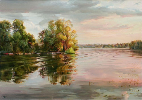 Evening on the Volga river Black Ornate Wood Framed Art Print with Double Matting by Romanov, Roman