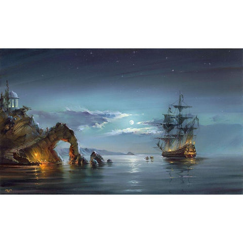 Moonlight night Gold Ornate Wood Framed Art Print with Double Matting by Romanov, Roman