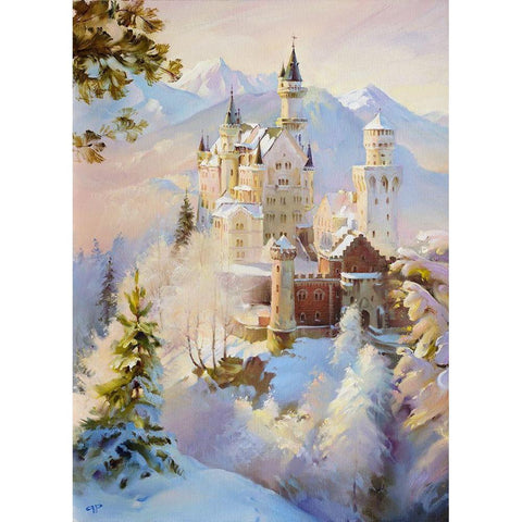 Neuschwanstein White Modern Wood Framed Art Print by Romanov, Roman