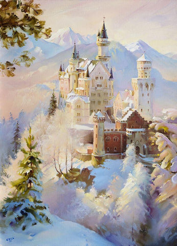 Neuschwanstein Black Ornate Wood Framed Art Print with Double Matting by Romanov, Roman