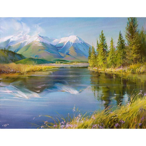 Mountain landscape Black Modern Wood Framed Art Print by Romanov, Roman