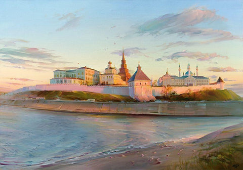 Kazan Kremlin White Modern Wood Framed Art Print with Double Matting by Romanov, Roman