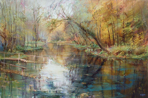 Lake Blue Black Ornate Wood Framed Art Print with Double Matting by Romanov, Roman