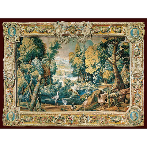 Tapestry landscape Black Modern Wood Framed Art Print with Double Matting by Anonymous 17Th C.