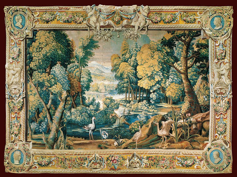 Tapestry landscape White Modern Wood Framed Art Print with Double Matting by Anonymous 17Th C.