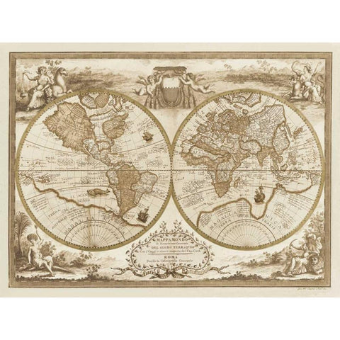 Mappa del Globo Terraqueo Black Modern Wood Framed Art Print with Double Matting by Anonymous