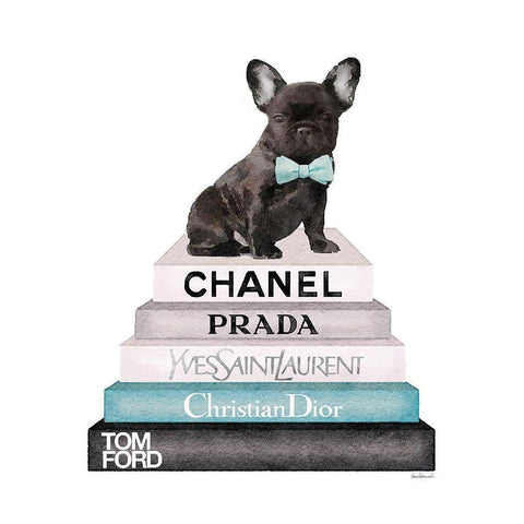 Bookstack Teal Frenchie White Modern Wood Framed Art Print by Greenwood, Amanda