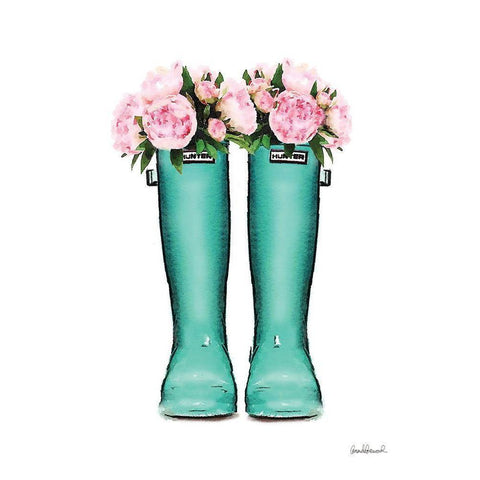 Teal Rain Boots with Peony Gold Ornate Wood Framed Art Print with Double Matting by Greenwood, Amanda