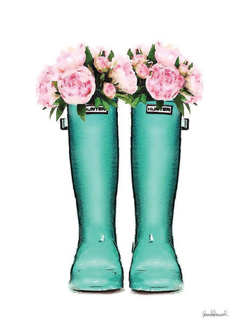 Teal Rain Boots with Peony White Modern Wood Framed Art Print with Double Matting by Greenwood, Amanda