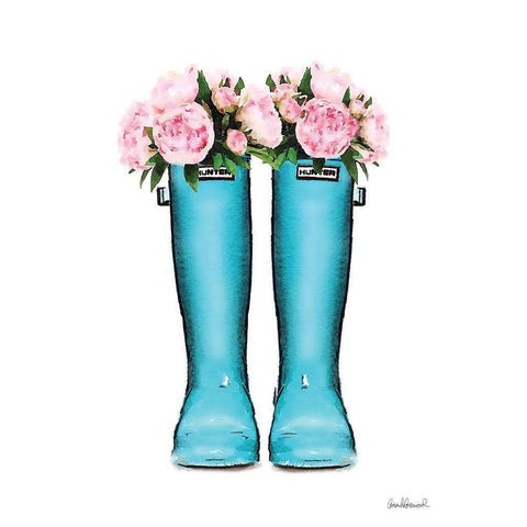 Blue Rain Boots with Peony Black Modern Wood Framed Art Print with Double Matting by Greenwood, Amanda