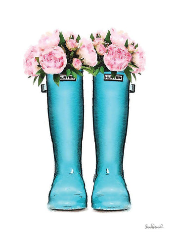 Blue Rain Boots with Peony White Modern Wood Framed Art Print with Double Matting by Greenwood, Amanda