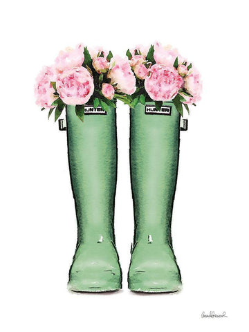 Green Rain Boots with Peony White Modern Wood Framed Art Print with Double Matting by Greenwood, Amanda