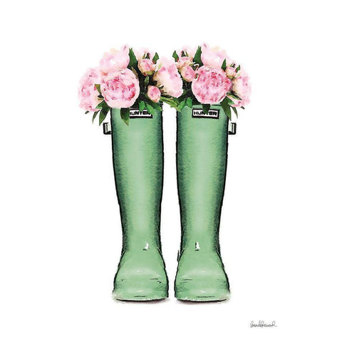 Green Rain Boots with Peony White Modern Wood Framed Art Print by Greenwood, Amanda