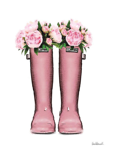 Pink Rain Boots with Peony White Modern Wood Framed Art Print with Double Matting by Greenwood, Amanda