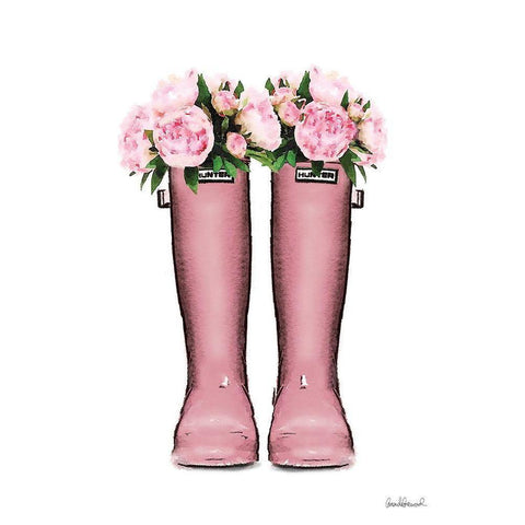 Pink Rain Boots with Peony Gold Ornate Wood Framed Art Print with Double Matting by Greenwood, Amanda