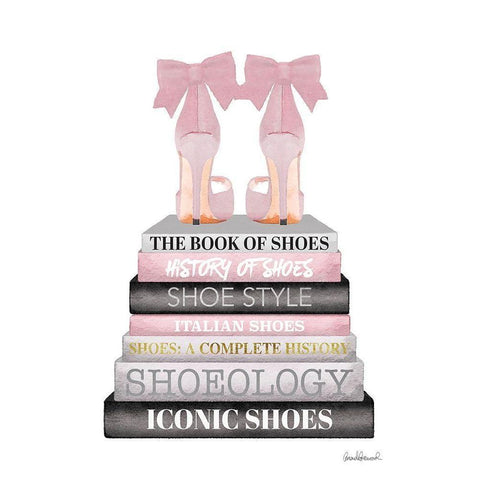 Pink Bookstack Shoe White Modern Wood Framed Art Print by Greenwood, Amanda