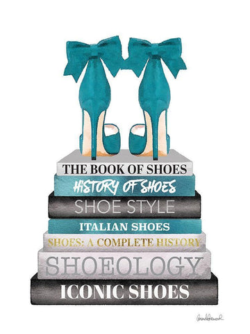 Teal Bookstack Shoe White Modern Wood Framed Art Print with Double Matting by Greenwood, Amanda