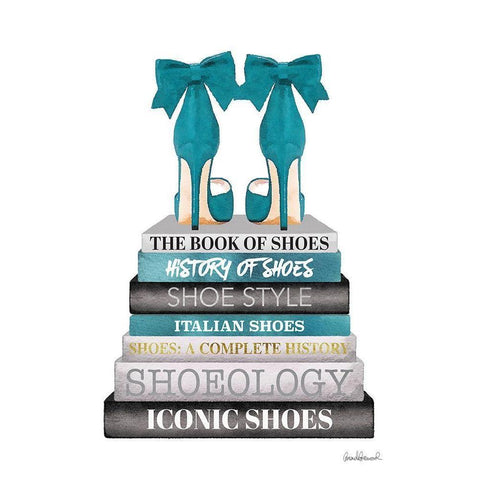 Teal Bookstack Shoe White Modern Wood Framed Art Print by Greenwood, Amanda