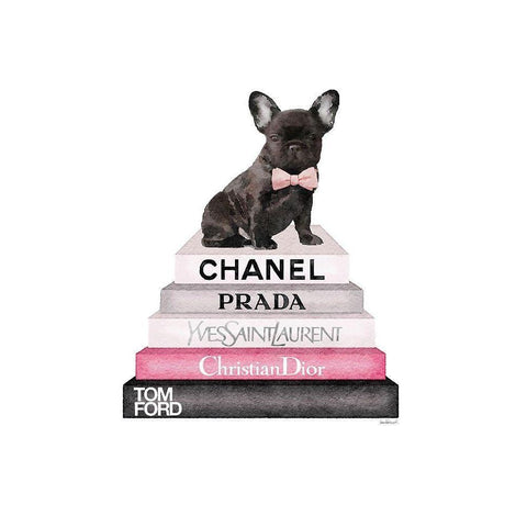 Pink Frenchie Bookstack White Modern Wood Framed Art Print by Greenwood, Amanda