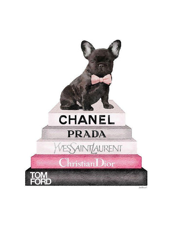 Pink Frenchie Bookstack White Modern Wood Framed Art Print with Double Matting by Greenwood, Amanda