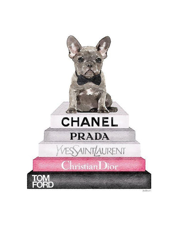 Grey Frenchie Bookstack White Modern Wood Framed Art Print with Double Matting by Greenwood, Amanda