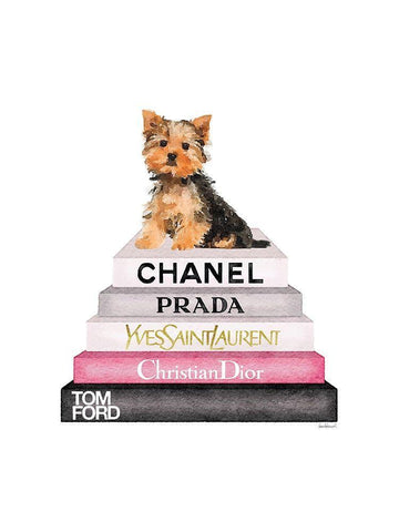 Yorkie Bookstack White Modern Wood Framed Art Print with Double Matting by Greenwood, Amanda