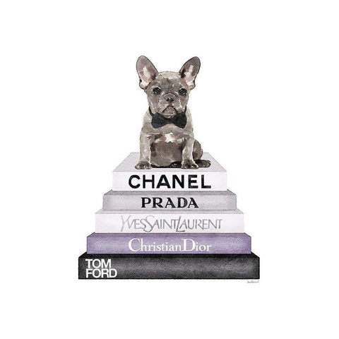 Purple Frenchie Bookstack Black Modern Wood Framed Art Print with Double Matting by Greenwood, Amanda