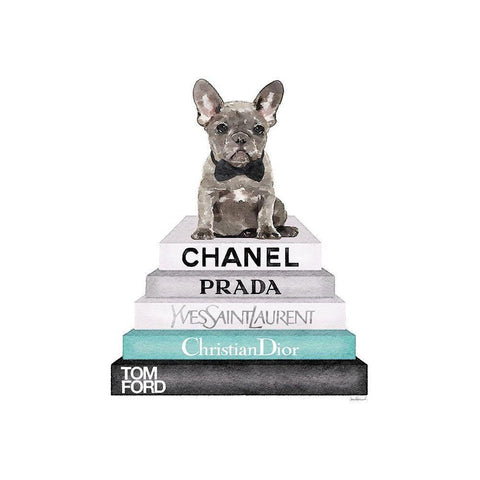 Teal Frenchie Bookstack Gold Ornate Wood Framed Art Print with Double Matting by Greenwood, Amanda