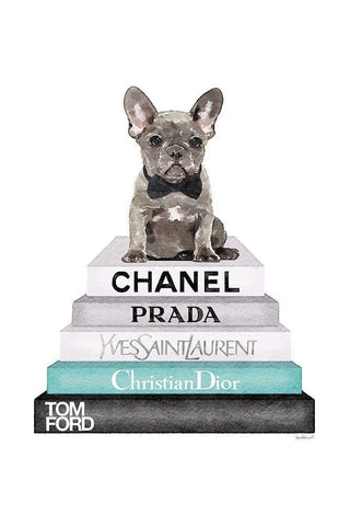 Teal Frenchie Bookstack Black Ornate Wood Framed Art Print with Double Matting by Greenwood, Amanda