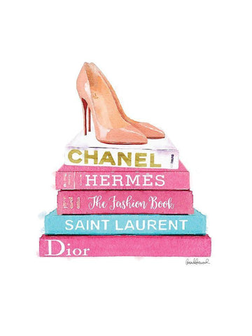 Pink Bookstack with shoes White Modern Wood Framed Art Print with Double Matting by Greenwood, Amanda