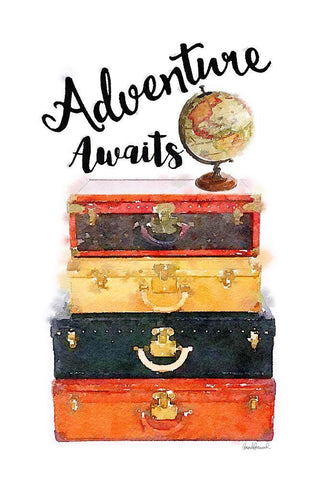 Adventure Awaits Luggage White Modern Wood Framed Art Print with Double Matting by Greenwood, Amanda