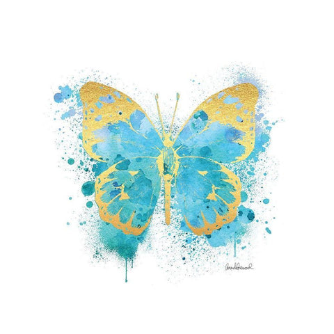 Butterfly Gold and Blue Black Modern Wood Framed Art Print by Greenwood, Amanda
