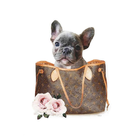 Fashion Bag with Frenchie II White Modern Wood Framed Art Print by Amanda Greenwood