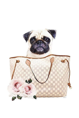 Fashion Bag with Pug Black Ornate Wood Framed Art Print with Double Matting by Amanda Greenwood