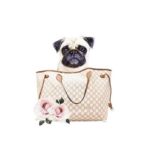 Fashion Bag with Pug Gold Ornate Wood Framed Art Print with Double Matting by Amanda Greenwood
