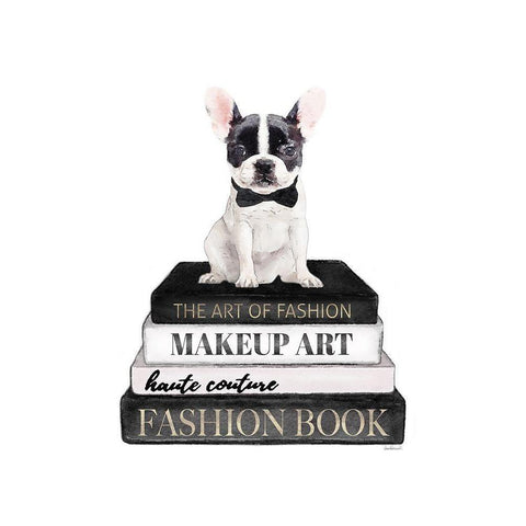 BandW Frenchie Bookstack Black Modern Wood Framed Art Print with Double Matting by Amanda Greenwood