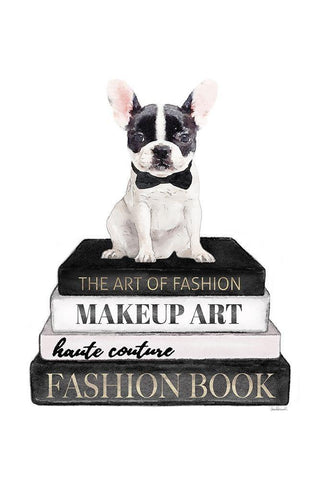 BandW Frenchie Bookstack White Modern Wood Framed Art Print with Double Matting by Amanda Greenwood