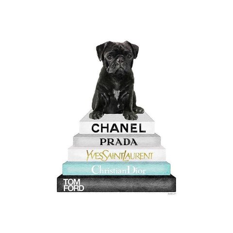 Bookstack Teal Pug Black Modern Wood Framed Art Print with Double Matting by Amanda Greenwood