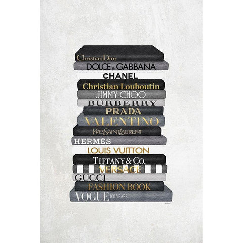 Black and White Bookstack Gold Ornate Wood Framed Art Print with Double Matting by Amanda Greenwood