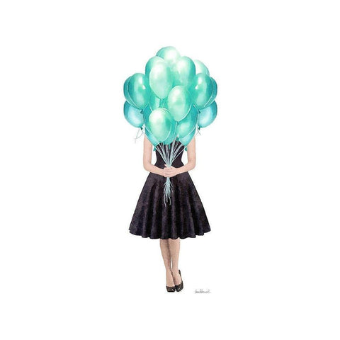 Teal Balloon Girl Black Modern Wood Framed Art Print with Double Matting by Amanda Greenwood