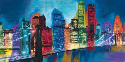 Abstract NYC Skyline at Night White Modern Wood Framed Art Print with Double Matting by Carter, Brian