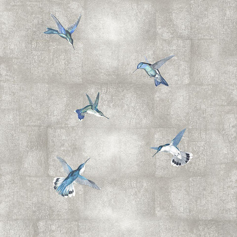 Hummingbirds Blue on Silver II Black Ornate Wood Framed Art Print with Double Matting by Blake, Madeline